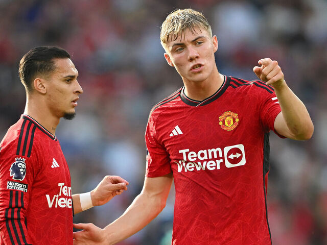MANCHESTER, ENGLAND - OCTOBER 07: Antony and Rasmus Hojlund of Manchester United react during the Premier League match between Manchester United and Brentford FC at Old Trafford on October 07, 2023 in Manchester, England.
