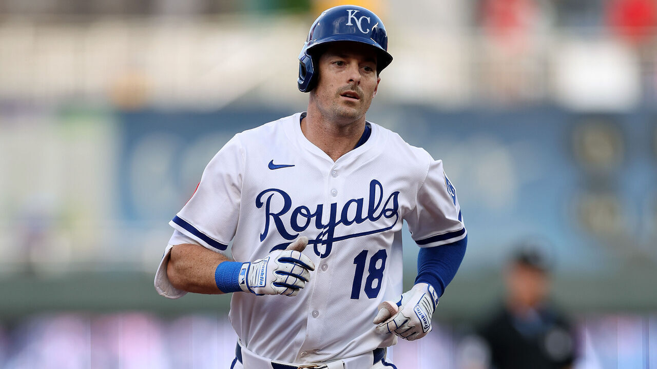 KANSAS CITY, MISSOURI - AUGUST 18: Mike Yastrzemski #18 of the Kansas City Royals rounds the bases after hitting a solo home run during the first inning of the game against the Texas Rangers at Kauffman Stadium on August 18, 2025 in Kansas City, Missouri.