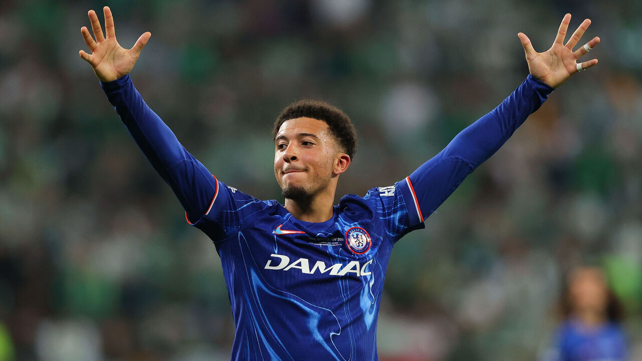 WROCLAW, POLAND - MAY 28: Jadon Sancho of Chelsea celebrates after the UEFA Conference League Final 2025 between Real Betis Balompie and Chelsea FC at Stadion Wroclaw on May 28, 2025 in Wroclaw, Poland.