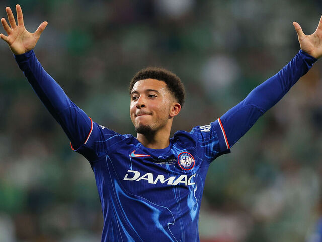 WROCLAW, POLAND - MAY 28: Jadon Sancho of Chelsea celebrates after the UEFA Conference League Final 2025 between Real Betis Balompie and Chelsea FC at Stadion Wroclaw on May 28, 2025 in Wroclaw, Poland.