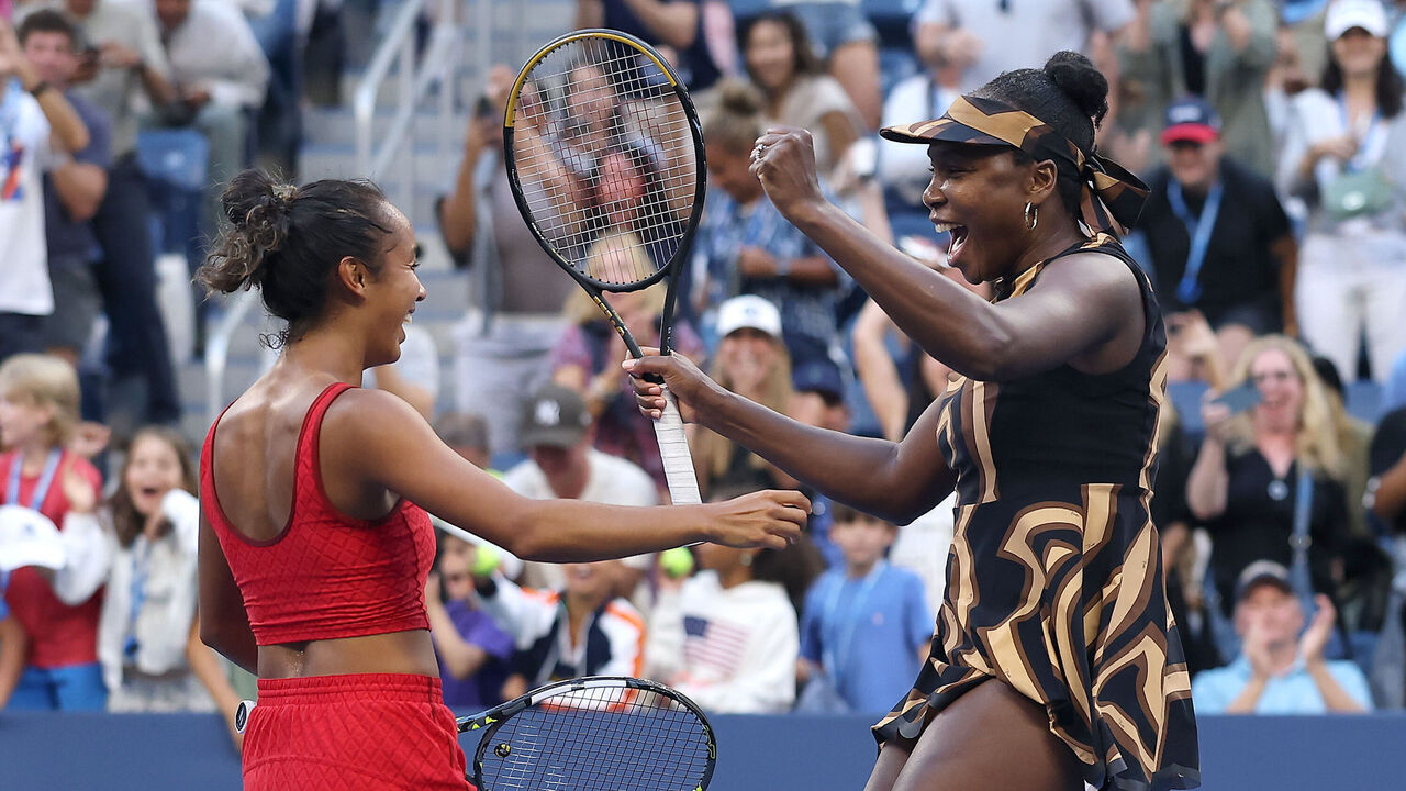 NEW YORK, NEW YORK - SEPTEMBER 01: Leylah Fernandez of Canada (L) and partner Venus Williams of the United States celebrate after defeating Shuai Zhang of China and Ekaterina Alexandrova in their Women's Doubles Third Round match against on Day Nine of the 2025 US Open at USTA Billie Jean King National Tennis Center on September 1, 2025 in the Flushing neighborhood of the Queens borough of New York City.