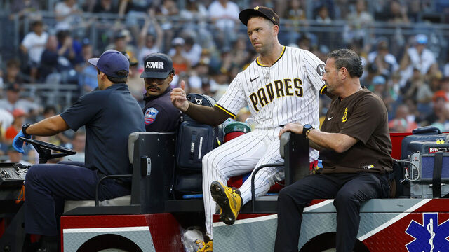 San Diego, CA - September 1, 2025: Jason Adam #40 of the San Diego Padres gives a hang loose sign as he is carted off the field after injuring his knee in the seventh inning against the Baltimore Orioles at Petco Park on September 1, 2025 in San Diego, California. (K.C. Alfred / The San Diego Union-Tribune via Getty Images)