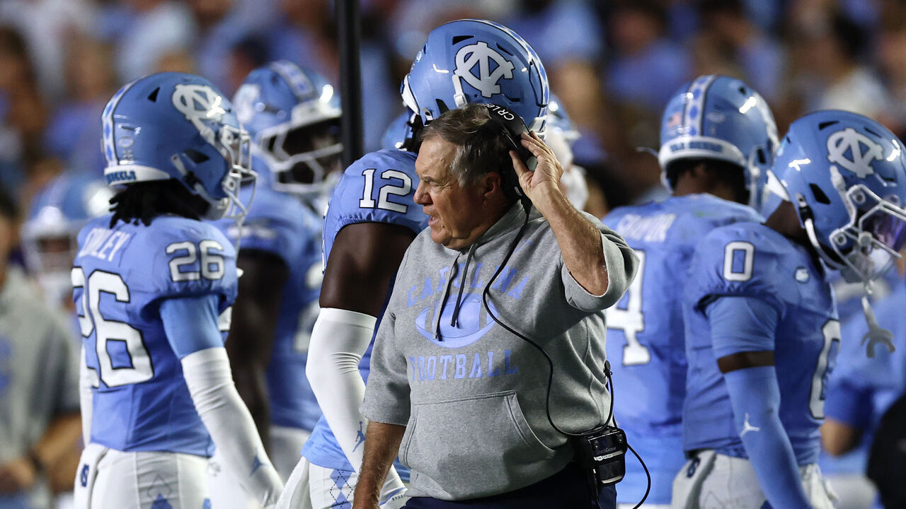 CHAPEL HILL, NORTH CAROLINA - SEPTEMBER 01: Head coach Bill Belichick of the North Carolina Tar Heels reacts during the first half of the game against the TCU Horned Frogs at Kenan Stadium on September 01, 2025 in Chapel Hill, North Carolina.