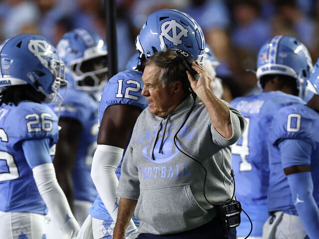 CHAPEL HILL, NORTH CAROLINA - SEPTEMBER 01: Head coach Bill Belichick of the North Carolina Tar Heels reacts during the first half of the game against the TCU Horned Frogs at Kenan Stadium on September 01, 2025 in Chapel Hill, North Carolina.