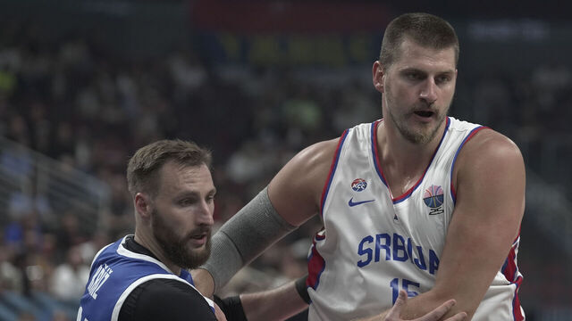 RIGA, LATVIA - SEPTEMBER 01: Nikola Jokic (15) of Serbia and Martin Kriz (L) of Czechia in action during the FIBA EuroBasket 2025 Group A basketball match between Serbia and Czechia at Riga Arena in Riga, Latvia on September 01, 2025.