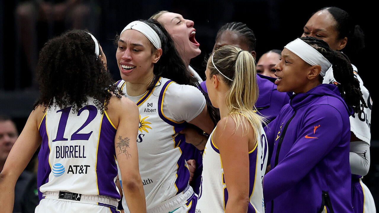 SEATTLE, WASHINGTON - SEPTEMBER 01: Dearica Hamby #5 of the Los Angeles Sparks reacts after her basket against the Seattle Storm during the second half at Climate Pledge Arena on September 01, 2025 in Seattle, Washington.