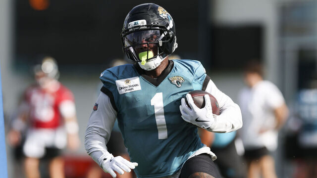 JACKSONVILLE, FLORIDA - JULY 25: Travis Etienne Jr. #1 of the Jacksonville Jaguars practices during Training Camp at Miller Electric Center on July 25, 2025 in Jacksonville, Florida.