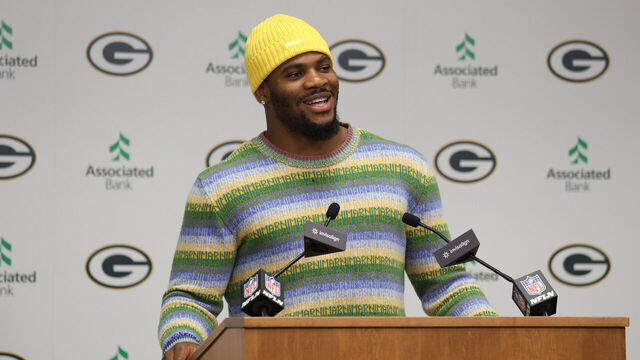 GREEN BAY, WISCONSIN - AUGUST 29: Former Dallas Cowboy Micah Parsons speaks to the media during a press conference, after being traded to the Green Bay Packers, at Lambeau Field on August 29, 2025 in Green Bay, Wisconsin.