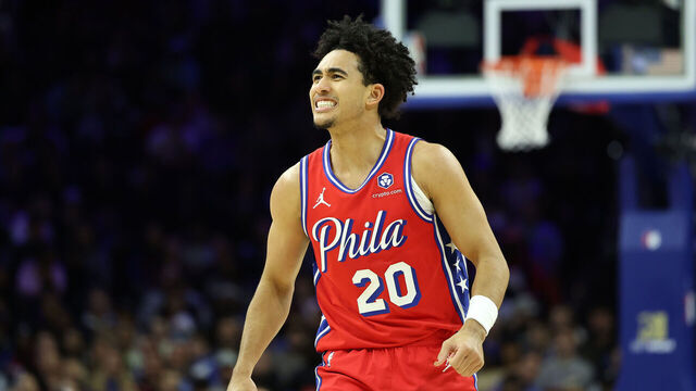 PHILADELPHIA, PENNSYLVANIA - DECEMBER 06: Jared McCain #20 of the Philadelphia 76ers reacts after missing a basket during a game against the Orlando Magic at the Wells Fargo Center on December 06, 2024 in Philadelphia, Pennsylvania.