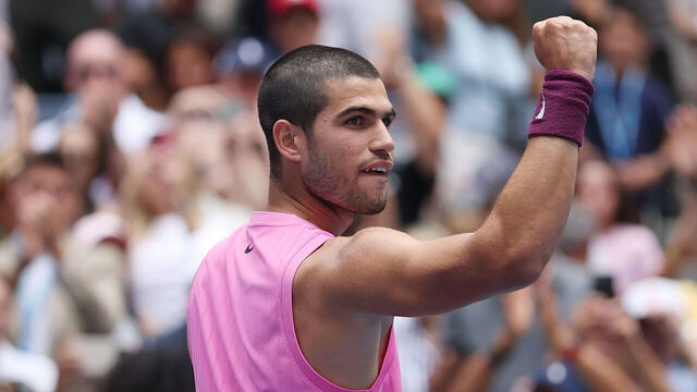 NEW YORK, NEW YORK - SEPTEMBER 02: Carlos Alcaraz of Spain reacts after defeating Jiri Lehecka of Czechia following their Men's Quarterfinal match on Day Ten of the 2025 US Open at USTA Billie Jean King National Tennis Center on September 2, 2025 in the Flushing neighborhood of the Queens borough of New York City.