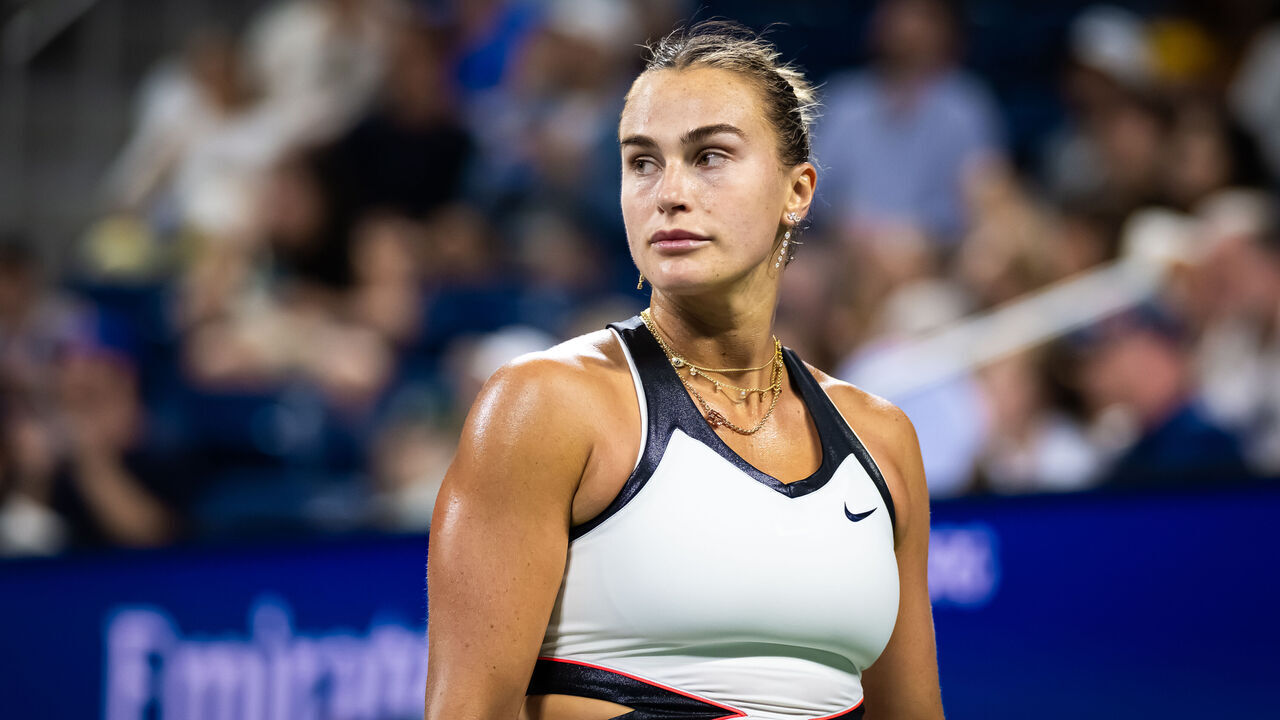 NEW YORK, NEW YORK - AUGUST 31: Aryna Sabalenka in action against Cristina Bucsa of Spain in the fourth round on Day 8 of the US Open at USTA Billie Jean King National Tennis Center on August 31, 2025 in New York City