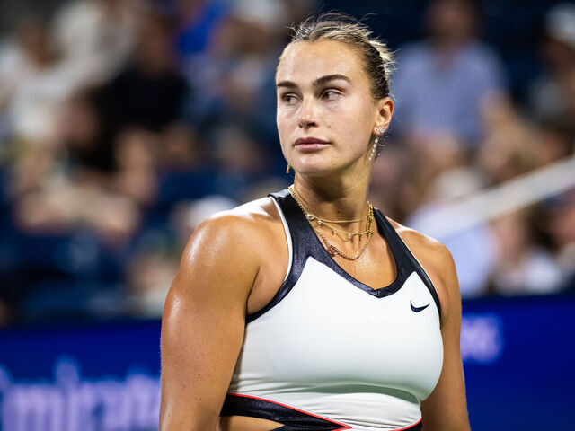 NEW YORK, NEW YORK - AUGUST 31: Aryna Sabalenka in action against Cristina Bucsa of Spain in the fourth round on Day 8 of the US Open at USTA Billie Jean King National Tennis Center on August 31, 2025 in New York City