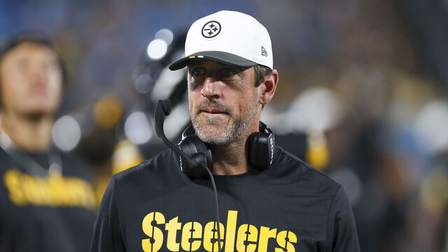 CHARLOTTE, NORTH CAROLINA - AUGUST 21: Aaron Rodgers #8 of the Pittsburgh Steelers looks on from the sidelines during a NFL Preseason 2025 game against the Carolina Panthers at Bank of America Stadium on August 21, 2025 in Charlotte, North Carolina.