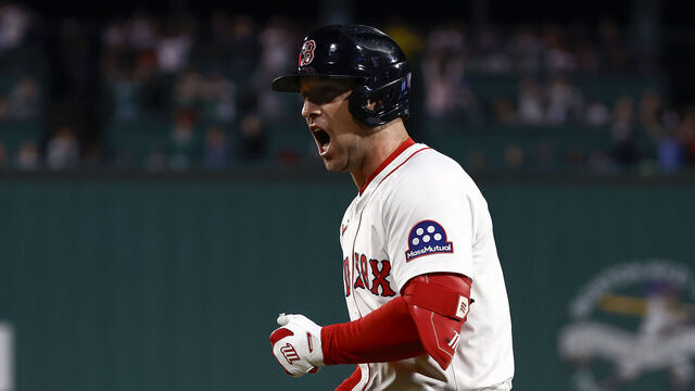 BOSTON, MA - SEPTEMBER 2: Alex Bregman #2 of the Boston Red Sox shouts out after driving in the go-ahead run on an infield single against the Cleveland Guardians during the eighth inning at Fenway Park on September 2, 2025 in Boston, Massachusetts.