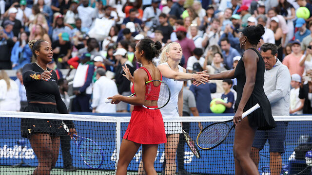 NEW YORK, NEW YORK - SEPTEMBER 02: Katerina Siniakova of Czechia and Taylor Townsend of the United States shake hands after defeating Venus Williams of the United States and Leylah Fernandez of Canada following their Women's Doubles Quarterfinal match on Day Ten of the 2025 US Open at USTA Billie Jean King National Tennis Center on September 2, 2025 in the Flushing neighborhood of the Queens borough of New York City.