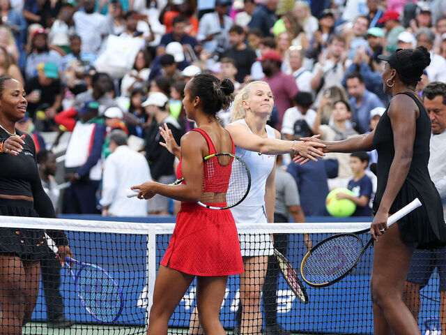 NEW YORK, NEW YORK - SEPTEMBER 02: Katerina Siniakova of Czechia and Taylor Townsend of the United States shake hands after defeating Venus Williams of the United States and Leylah Fernandez of Canada following their Women's Doubles Quarterfinal match on Day Ten of the 2025 US Open at USTA Billie Jean King National Tennis Center on September 2, 2025 in the Flushing neighborhood of the Queens borough of New York City.