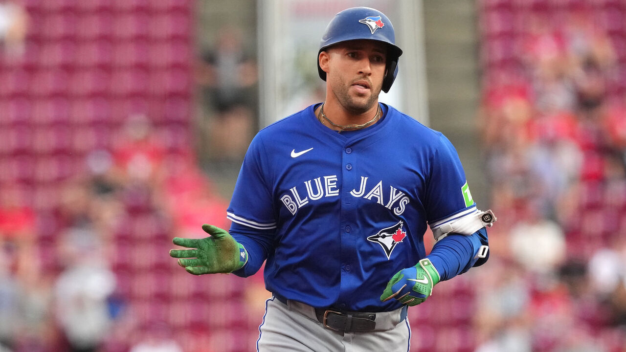 CINCINNATI, OHIO - SEPTEMBER 02: George Springer #4 of the Toronto Blue Jays celebrates a solo home run as he runs the bases during the first inning against the Cincinnati Reds at Great American Ball Park on September 02, 2025 in Cincinnati, Ohio.
