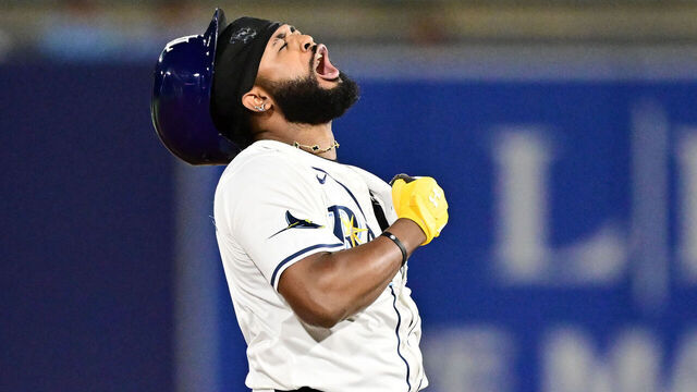 TAMPA, FLORIDA - SEPTEMBER 02: Junior Caminero #13 of the Tampa Bay Rays reacts after hitting a two-RBI double in the seventh inning against the Seattle Mariners at George M. Steinbrenner Field on September 02, 2025 in Tampa, Florida.
