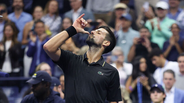 NEW YORK, NEW YORK - SEPTEMBER 02: Novak Djokovic of Serbia shakes celebrates after defeating Taylor Fritz of the United States during their Men's Quarterfinal match on Day Ten of the 2025 US Open at USTA Billie Jean King National Tennis Center on September 2, 2025 in the Flushing neighborhood of the Queens borough of New York City.