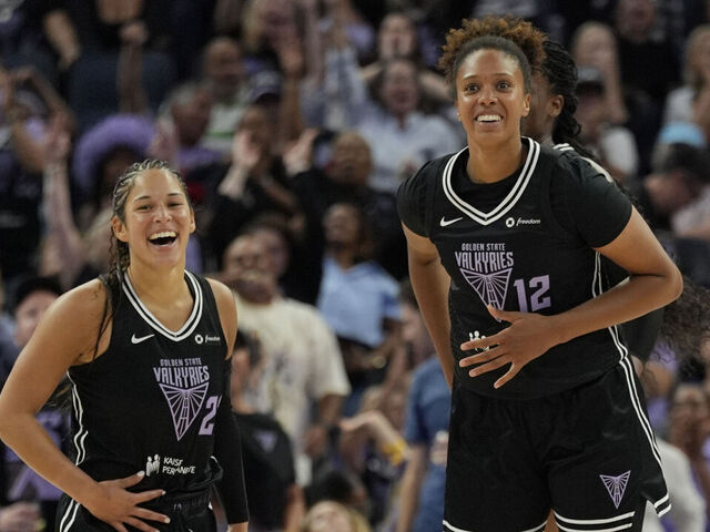 SAN FRANCISCO, CA - SEPTEMBER 2: Veronica Burton #22 and Lliana Rupert #12 of the Golden State Valkyries smiles during the game against the New York Liberty on September 2, 2025 at Chase Center in San Francisco, California. NOTE TO USER: User expressly acknowledges and agrees that, by downloading and or using this photograph, user is consenting to the terms and conditions of Getty Images License Agreement. Mandatory Copyright Notice: Copyright 2025 NBAE