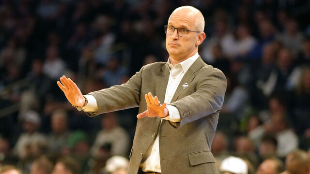 NEW YORK, NEW YORK - MARCH 13: Head coach Dan Hurley of the Connecticut Huskies calms his players down during a quarterfinal round game during the Big East Men's Basketball Tournament against the Villanova Wildcats at Madison Square Garden on March 13, 2025 in New York City.