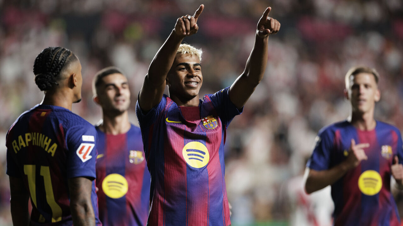 Lamine Yamal of FC Barcelona celebrates a goal during the LaLiga EA Sports 2025/26 match between Rayo Vallecano and Barcelona at Vallecas Stadium in Madrid, Spain, on August 31.
