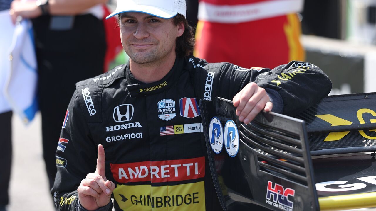 TORONTO, ON - JULY 19 - Colton Herta (26) of the United States celebrates winning the pole position with his pit crew at the Ontario Honda Area Dealers Indy on the Canadian National Exhibition Grounds in Toronto. July 19, 2025. Steve Russell/Toronto Star (Steve Russell/Toronto Star via Getty Images)