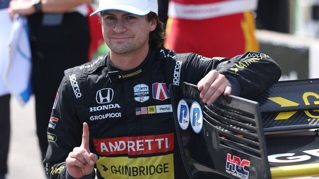 TORONTO, ON - JULY 19 - Colton Herta (26) of the United States celebrates winning the pole position with his pit crew at the Ontario Honda Area Dealers Indy on the Canadian National Exhibition Grounds in Toronto. July 19, 2025. Steve Russell/Toronto Star (Steve Russell/Toronto Star via Getty Images)