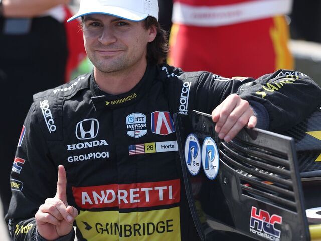 TORONTO, ON - JULY 19 - Colton Herta (26) of the United States celebrates winning the pole position with his pit crew at the Ontario Honda Area Dealers Indy on the Canadian National Exhibition Grounds in Toronto. July 19, 2025. Steve Russell/Toronto Star (Steve Russell/Toronto Star via Getty Images)