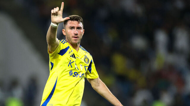 Nassr's French defender #27 Aymeric Laporte celebrates after scoring his team's first goal during the Saudi Pro League football match between Damac and Al-Nassr at Prince Sultan bin Abdulaziz Sports City in Abha on April 22, 2025.