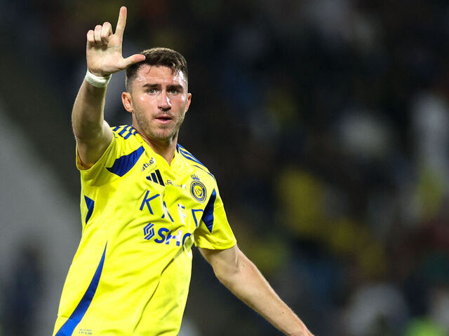 Nassr's French defender #27 Aymeric Laporte celebrates after scoring his team's first goal during the Saudi Pro League football match between Damac and Al-Nassr at Prince Sultan bin Abdulaziz Sports City in Abha on April 22, 2025.