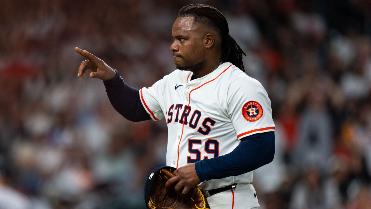 HOUSTON, TEXAS - SEPTEMBER 02: Framber Valdez #59 of the Houston Astros reacts after a strikeout to end the fifth inning during a game against the New York Yankees at Daikin Park on September 02, 2025 in Houston, Texas.