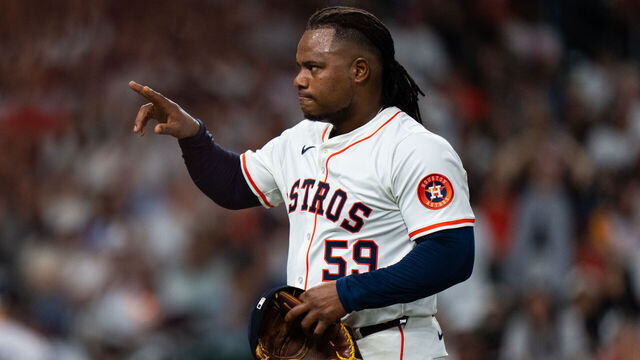 HOUSTON, TEXAS - SEPTEMBER 02: Framber Valdez #59 of the Houston Astros reacts after a strikeout to end the fifth inning during a game against the New York Yankees at Daikin Park on September 02, 2025 in Houston, Texas.
