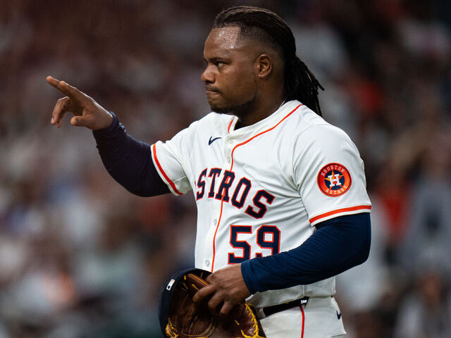 HOUSTON, TEXAS - SEPTEMBER 02: Framber Valdez #59 of the Houston Astros reacts after a strikeout to end the fifth inning during a game against the New York Yankees at Daikin Park on September 02, 2025 in Houston, Texas.