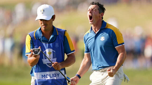 Team Europe's Rory Mcilroy celebrates his shot on the 17th during day three of the 44th Ryder Cup at the Marco Simone Golf and Country Club, Rome, Italy. Picture date: Sunday October 1, 2023.