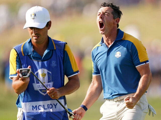 Team Europe's Rory Mcilroy celebrates his shot on the 17th during day three of the 44th Ryder Cup at the Marco Simone Golf and Country Club, Rome, Italy. Picture date: Sunday October 1, 2023.