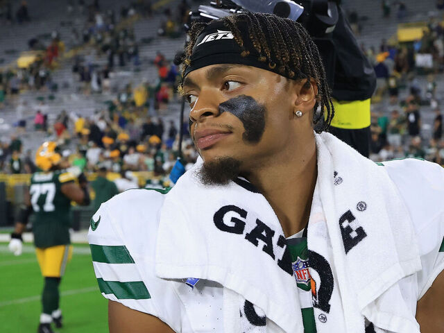 GREEN BAY, WISCONSIN - AUGUST 09: Justin Fields #7 of the New York Jets looks on after the NFL Preseason 2025 game against the Green Bay Packers at Lambeau Field on August 09, 2025 in Green Bay, Wisconsin.