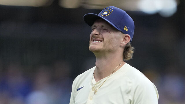 MILWAUKEE, WISCONSIN - SEPTEMBER 01: Shelby Miller #55 of the Milwaukee Brewers reacts as he walks back to the dugout after an apparent injury against the Philadelphia Phillies in the eighth inning at American Family Field on September 01, 2025 in Milwaukee, Wisconsin.