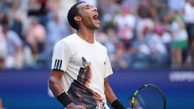 NEW YORK, NEW YORK - SEPTEMBER 03: Felix Auger-Aliassime of Canada reacts after defeating Alex de Minaur of Australia following their Men's Quarterfinal match on Day Eleven of the 2025 US Open at USTA Billie Jean King National Tennis Center on September 3, 2025 in the Flushing neighborhood of the Queens borough of New York City.