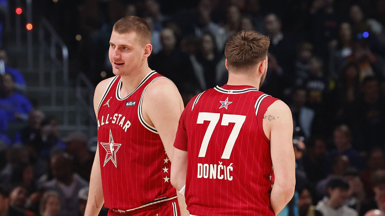 INDIANAPOLIS, IN - FEBRUARY 18: Luka Doncic #77 and Nikola Jokic #15 of the Western Conference look on during the NBA All-Star Game as part of NBA All-Star Weekend on Sunday, February 18, 2024 at Gainbridge Fieldhouse in Indianapolis, Indiana. NOTE TO USER: User expressly acknowledges and agrees that, by downloading and/or using this Photograph, user is consenting to the terms and conditions of the Getty Images License Agreement. Mandatory Copyright Notice: Copyright 2024 NBAE