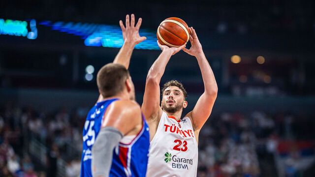 RIGA, LATVIA - SEPTEMBER 03: Alperen Sengun of Türkiye goes up for a shot during the Group A FIBA Eurobasket 2025 game between Türkiye and Serbia at Arena Riga on September 03, 2025 in Riga, Latvia.