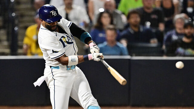 TAMPA, FLORIDA - SEPTEMBER 03: Yandy Díaz #2 of the Tampa Bay Rays hits a single in the second inning against the Seattle Mariners at George M. Steinbrenner Field on September 03, 2025 in Tampa, Florida.