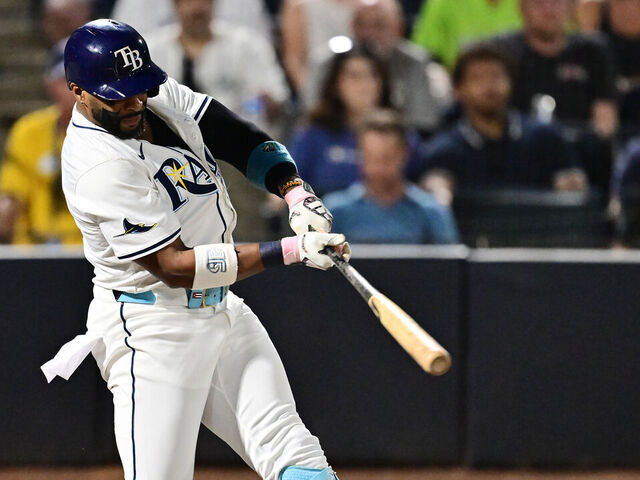 TAMPA, FLORIDA - SEPTEMBER 03: Yandy Díaz #2 of the Tampa Bay Rays hits a single in the second inning against the Seattle Mariners at George M. Steinbrenner Field on September 03, 2025 in Tampa, Florida.