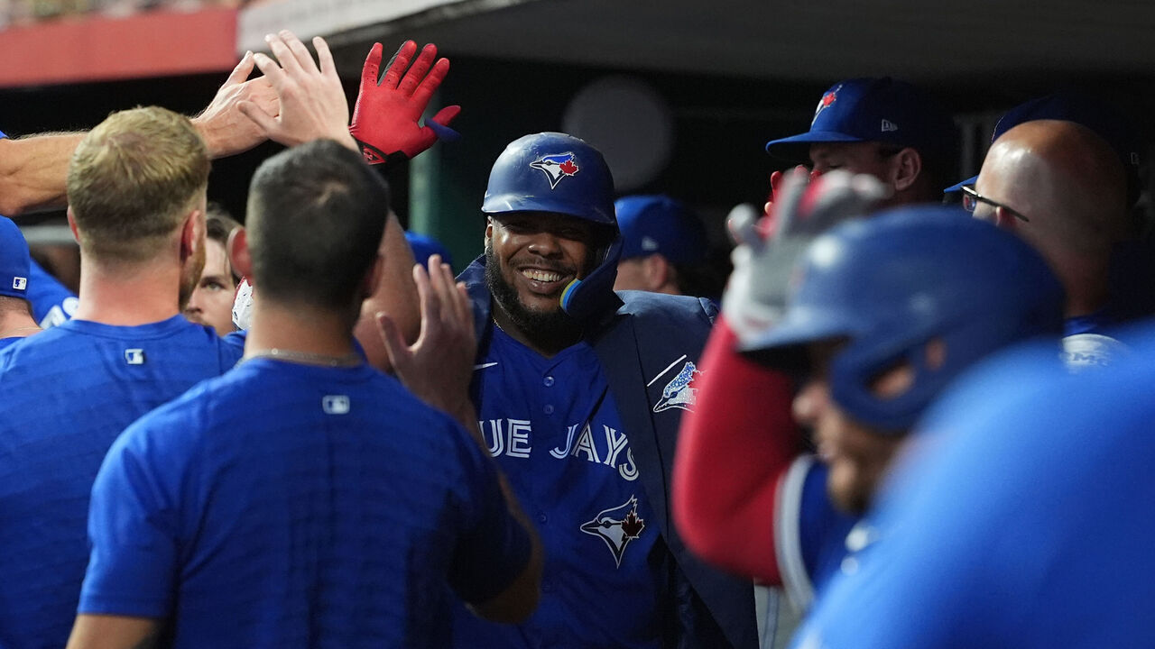 CINCINNATI, OHIO - SEPTEMBER 03: Vladimir Guerrero Jr. #27 of the Toronto Blue Jays celebrates a solo home run during the fifth inning against the Cincinnati Reds at Great American Ball Park on September 03, 2025 in Cincinnati, Ohio.