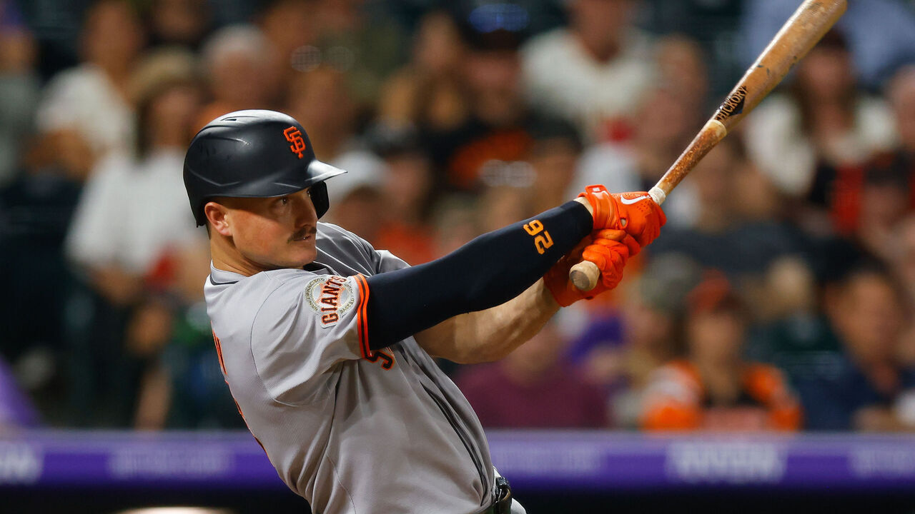 DENVER, CO - SEPTEMBER 3: Matt Chapman #26 of the San Francisco Giants hits a three run home run in the sixth inning against the Colorado Rockies at Coors Field on September 3, 2025 in Denver, Colorado.