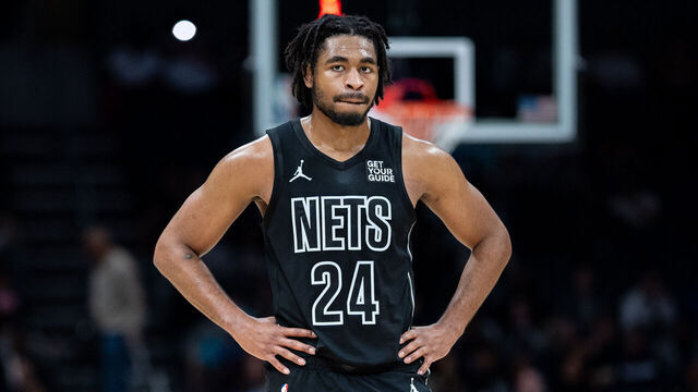 CHARLOTTE, NORTH CAROLINA - MARCH 08: Cam Thomas #24 of the Brooklyn Nets plays against the Charlotte Hornets during their game at Spectrum Center on March 08, 2025 in Charlotte, North Carolina.