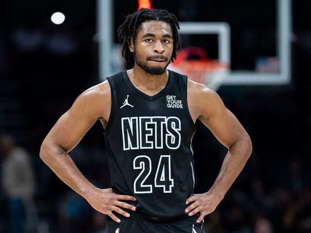 CHARLOTTE, NORTH CAROLINA - MARCH 08: Cam Thomas #24 of the Brooklyn Nets plays against the Charlotte Hornets during their game at Spectrum Center on March 08, 2025 in Charlotte, North Carolina.