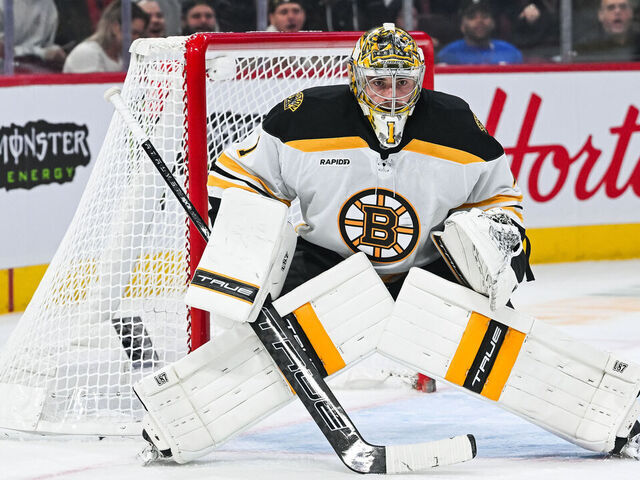 MONTREAL, QC - APRIL 03: Boston Bruins goalie Jeremy Swayman (1) tracks the play during the Boston Bruins versus the Montreal Canadiens game on April 03, 2025, at Bell Centre in Montreal, QC