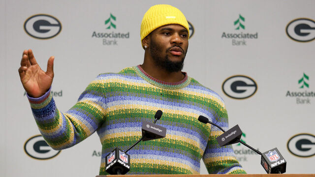 GREEN BAY, WISCONSIN - AUGUST 29: Former Dallas Cowboy Micah Parsons speaks to the media during a press conference, after being traded to the Green Bay Packers, at Lambeau Field on August 29, 2025 in Green Bay, Wisconsin.