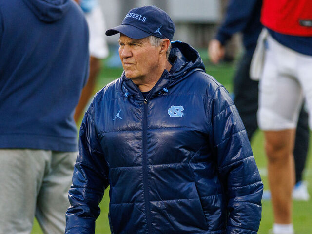 CHAPEL HILL, NORTH CAROLINA - APRIL 12: Head coach Bill Belichick of the North Carolina Tar Heels coaches at Kenan Stadium on April 12, 2025 in Chapel Hill, North Carolina.
